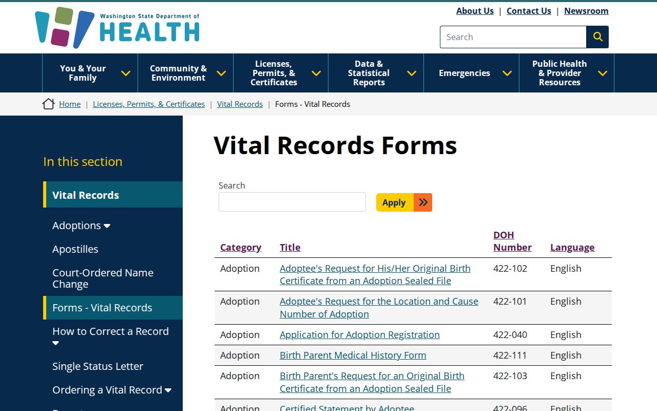 Bothell West public records route to Washington vital record forms